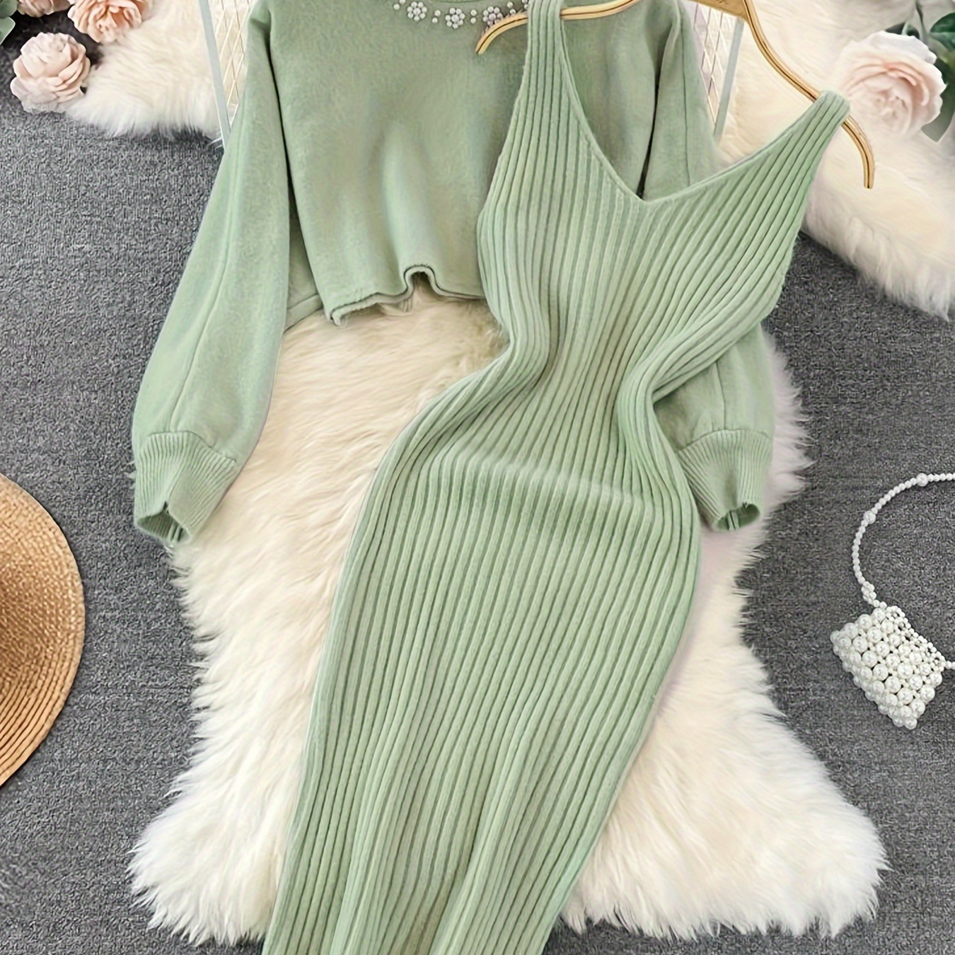 

2 Pcs Elegant Knit Tank Dress Set, Long Sleeve Crop Beaded Sweater & V Neck Sleeveless Sheath Tank Dress Outfits, Women's Clothing