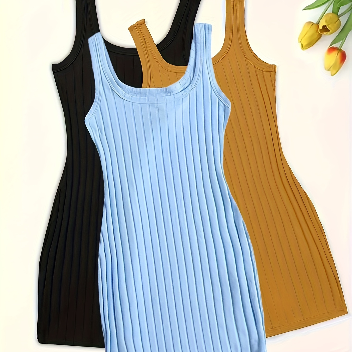 

3pcs Solid Ribbed Knit Dress, Sleeveless Dress For , Women's Clothing