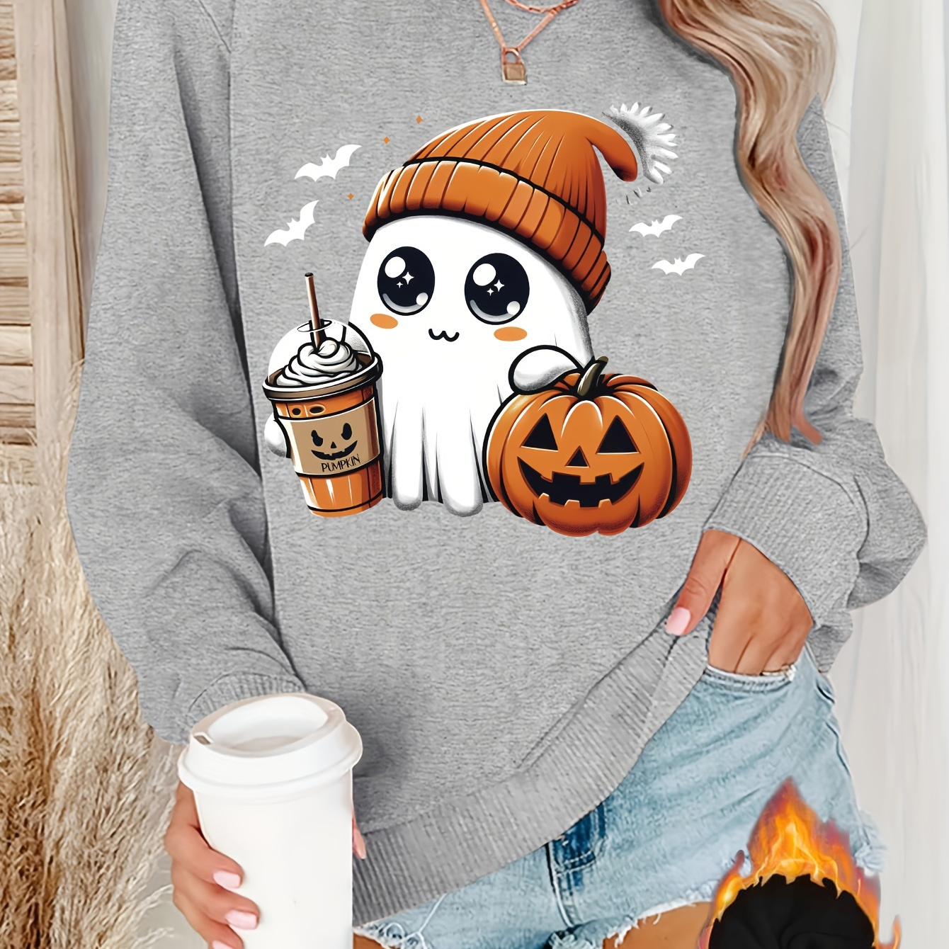 

& Pumpkin Print Pullover Sweatshirt, Halloween Long Sleeve Crew Neck Sweatshirt For Fall & Winter, Women's Clothing