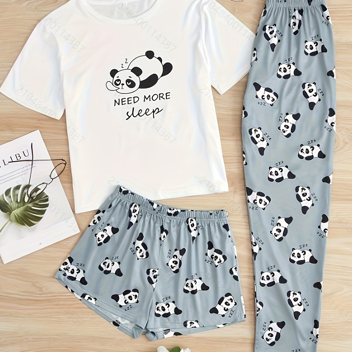 

Cute Panda & Slogan Print Pajama Set, Short Sleeve Round Neck Top & Pants & Shorts, Women's Sleepwear