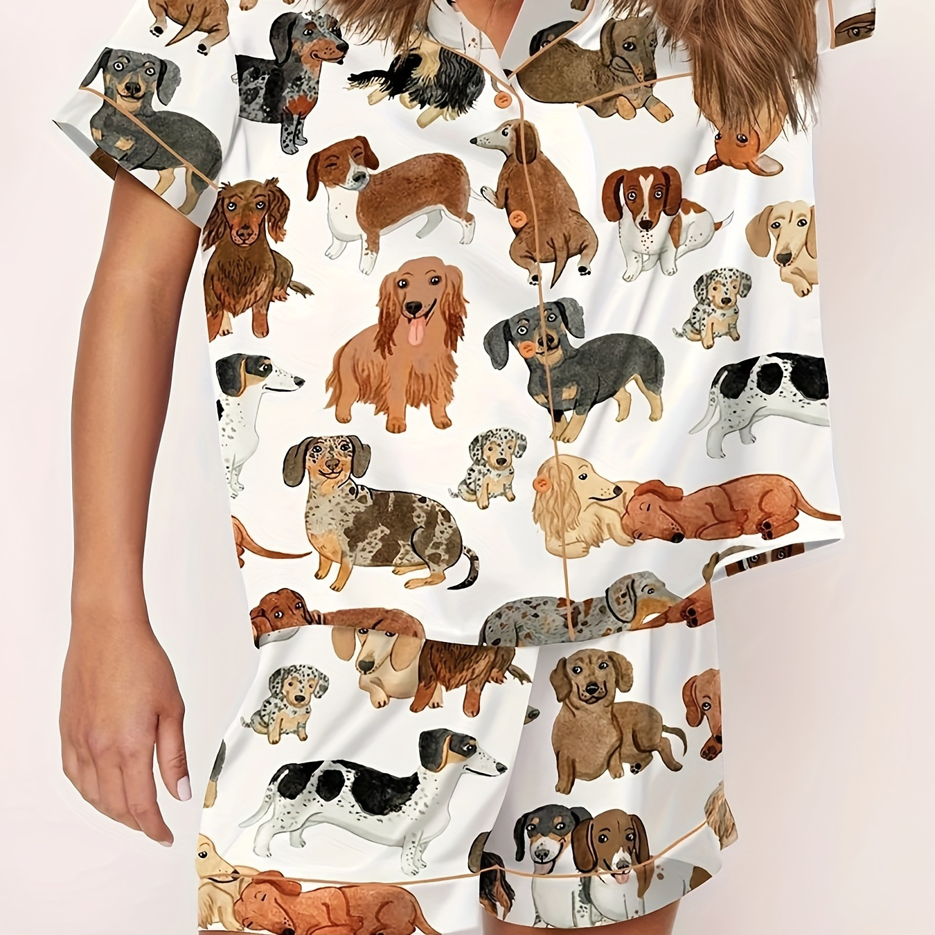 

Dachshund Satin Pajama Set For Women - Bright Patterns Printing, Soft And Smooth Short Sleeve Lapel Collar Top With Matching Shorts, Ideal For Sleepwear & Loungewear