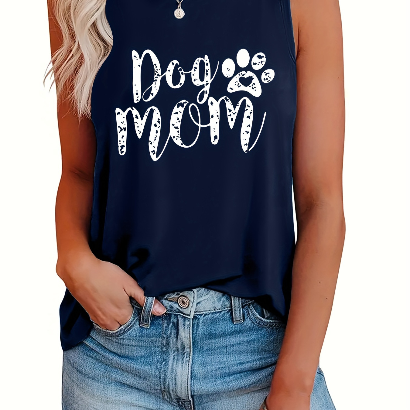 

Plus Size Dog Mom Print Tank Top, Casual Crew Neck Sleeveless Tank Top For Summer, Women's Plus Size clothing