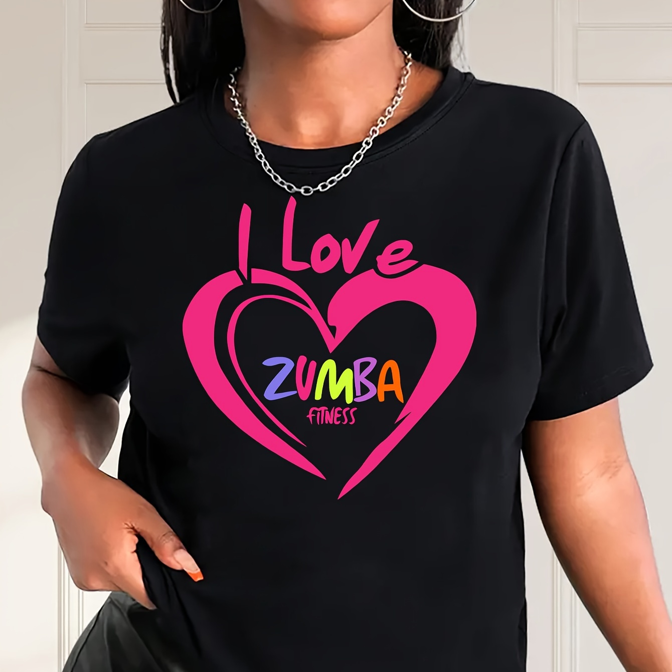 

I Love Zumba Print Crew Neck T-shirt, Short Sleeve Casual Top For Spring & Summer, Women's Clothing