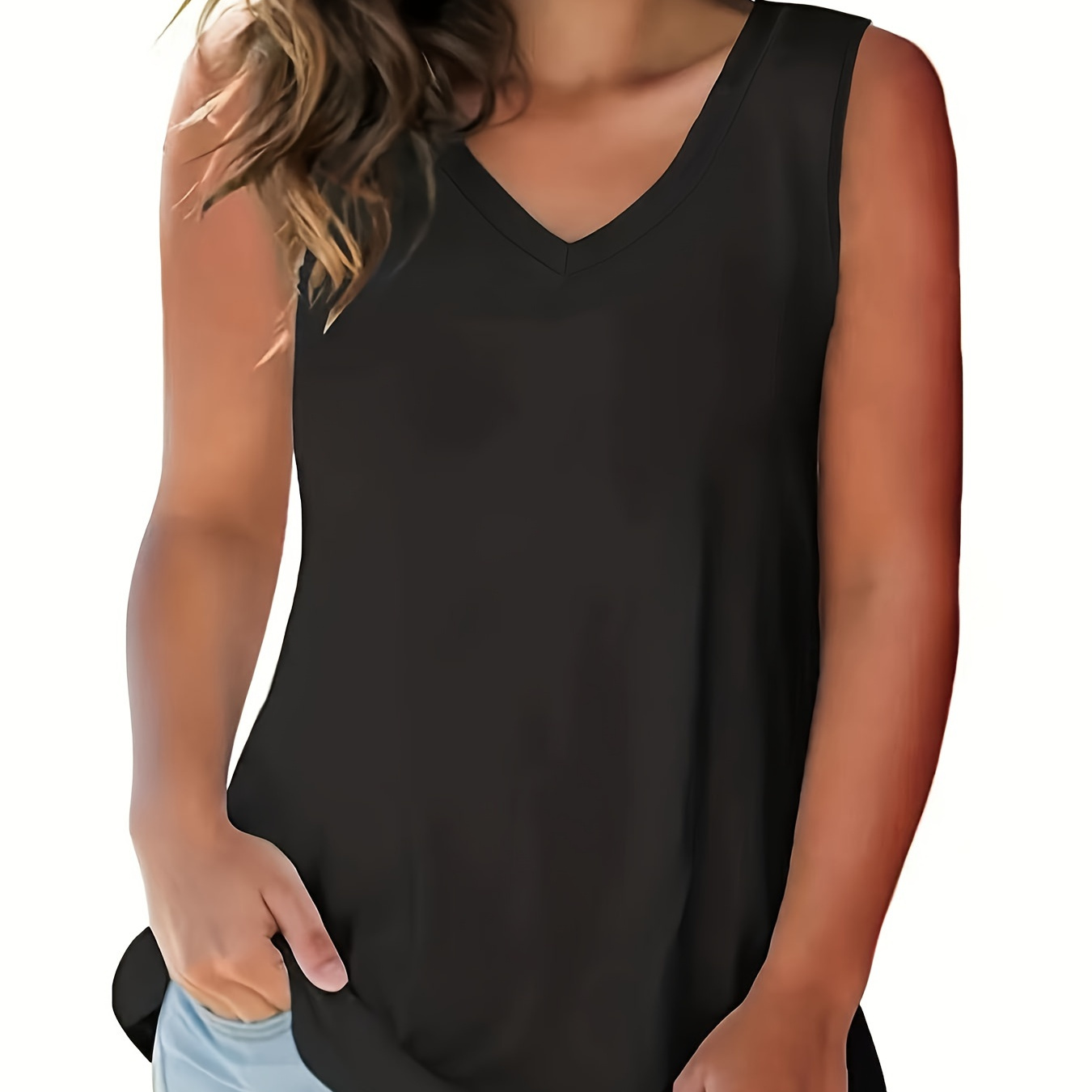 

Plus Size Solid Tank Top, Casual V Neck Sleeveless Tank Top For Summer, Women's Plus Size clothing