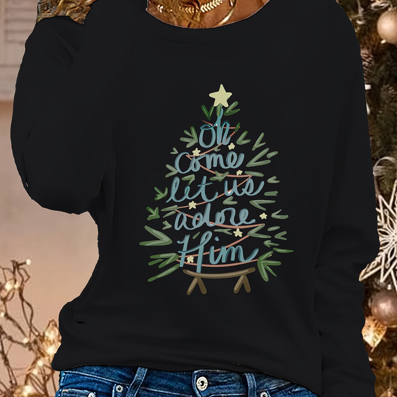 

Women's Christmas Tree Print Long Sleeve T-shirt, Casual Round Neck, Polyester, Regular Fit, Sleeve Length, Regular Length, No Padding, Pullover, Knit Fabric, Festive Holiday Top