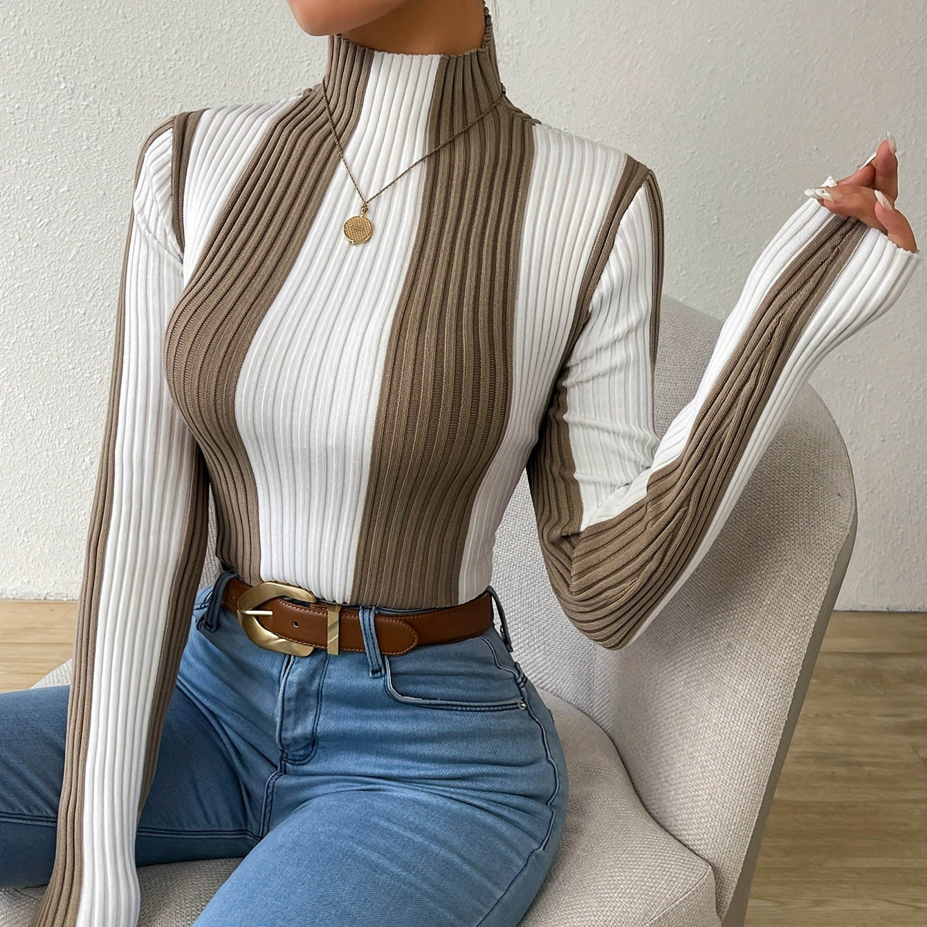 

Stripe Color Block Sweater, Versatile Mock Neck Long Sleeve Slim Sweater For Spring & Fall, Women's Clothing