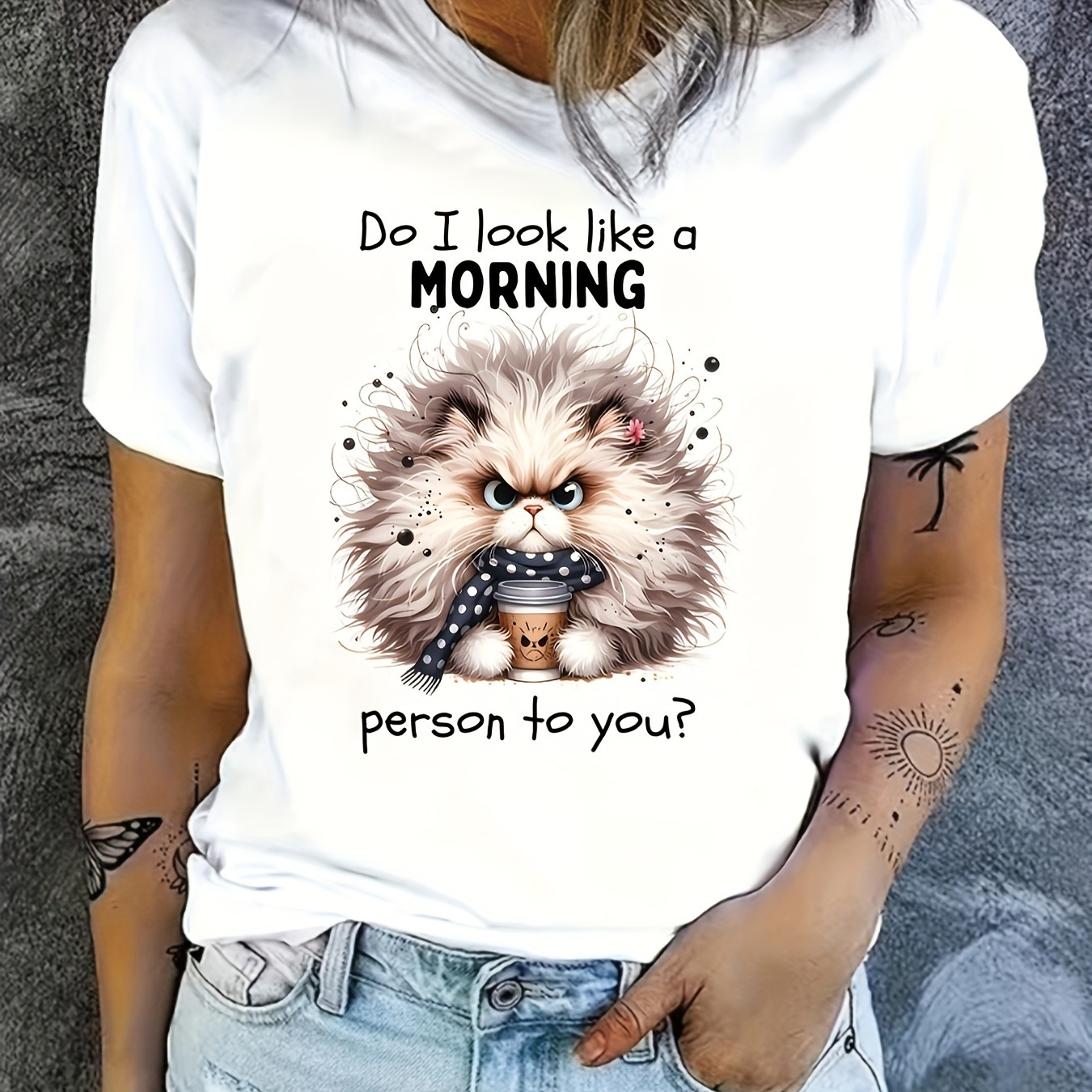 

Morning Person T-shirt With - Casual Crew Neck Polyester Knit Top, 95% Polyester 5% Spandex, Animal Pattern, Regular