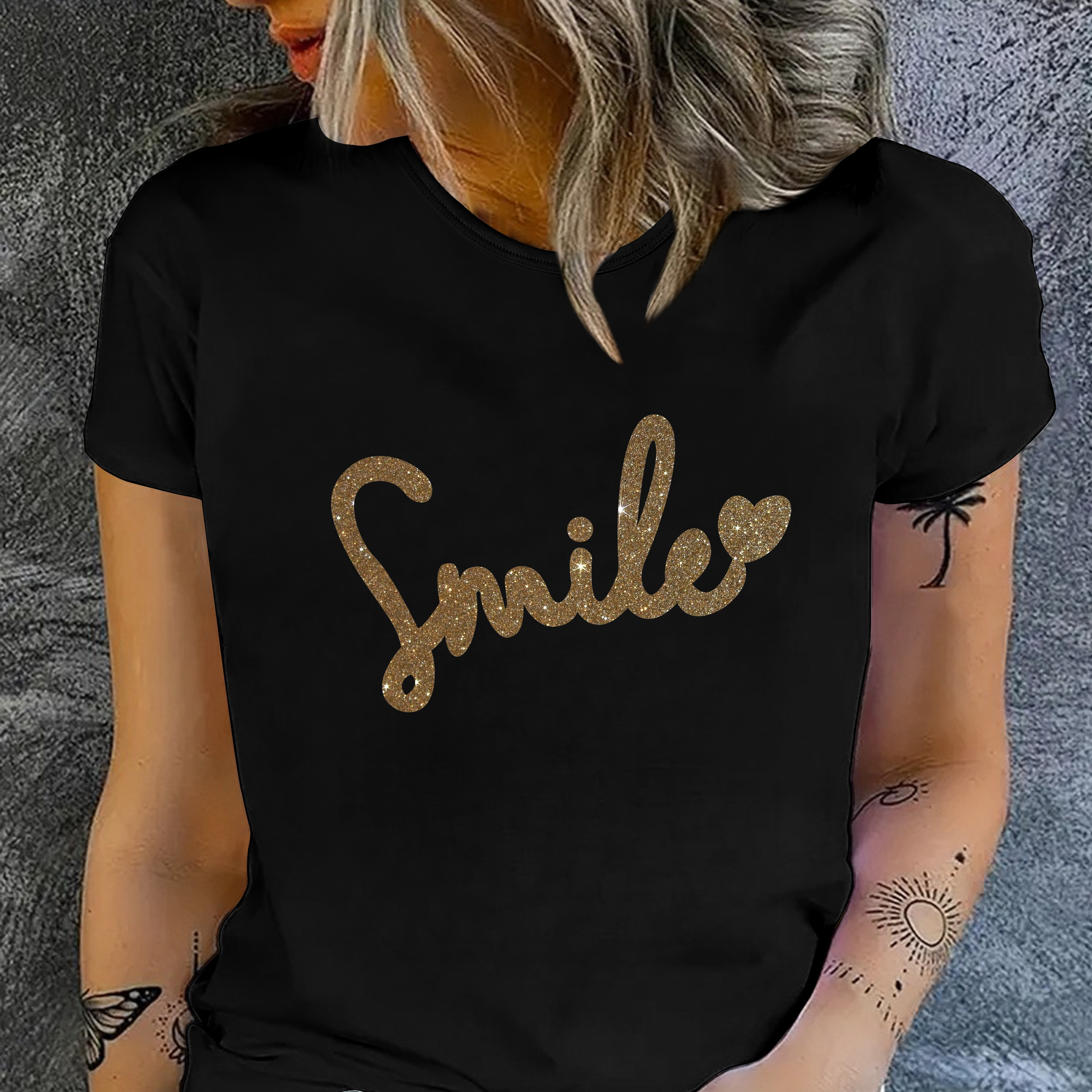 

Smile Print T-shirt, Short Sleeve Crew Neck Casual Top For Summer & Spring, Women's Clothing