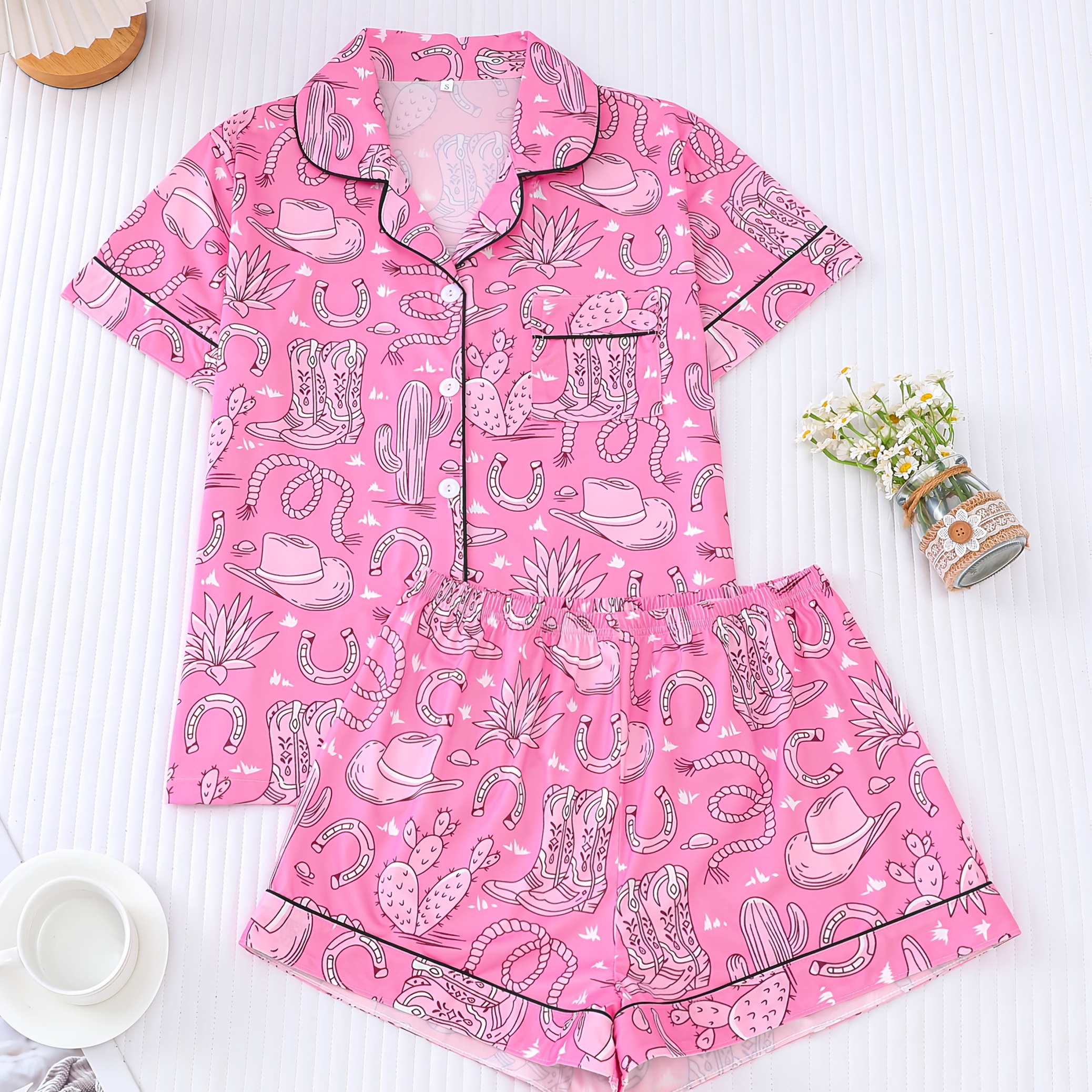 

A Two-piece Women's Pajama Set Featuring Western Cowboy , Including A Short-sleeve Button-up Shirt With A Collar And Loose Shorts, Casual Outdoor Or .