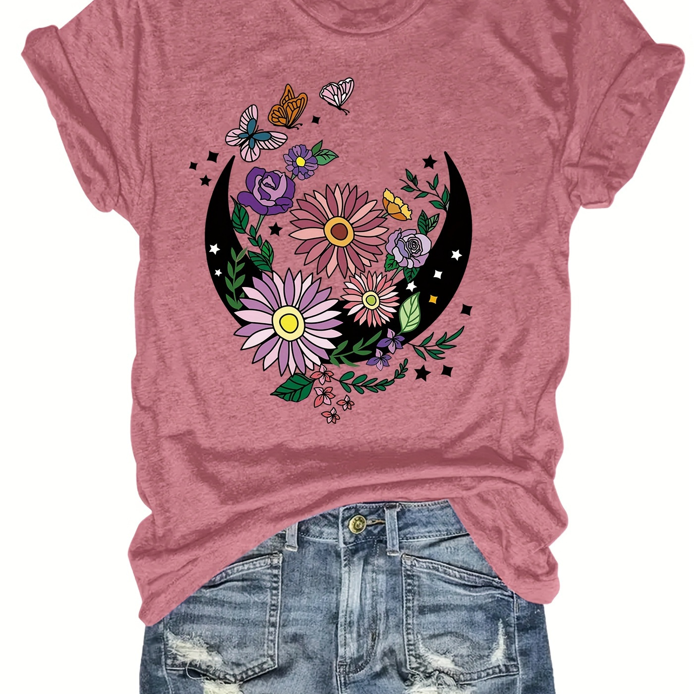 

Women's Casual Floral Print T-shirt - Crew Neck, Short Sleeve, Cotton Blend - Perfect For Spring & Summer, Machine Washable