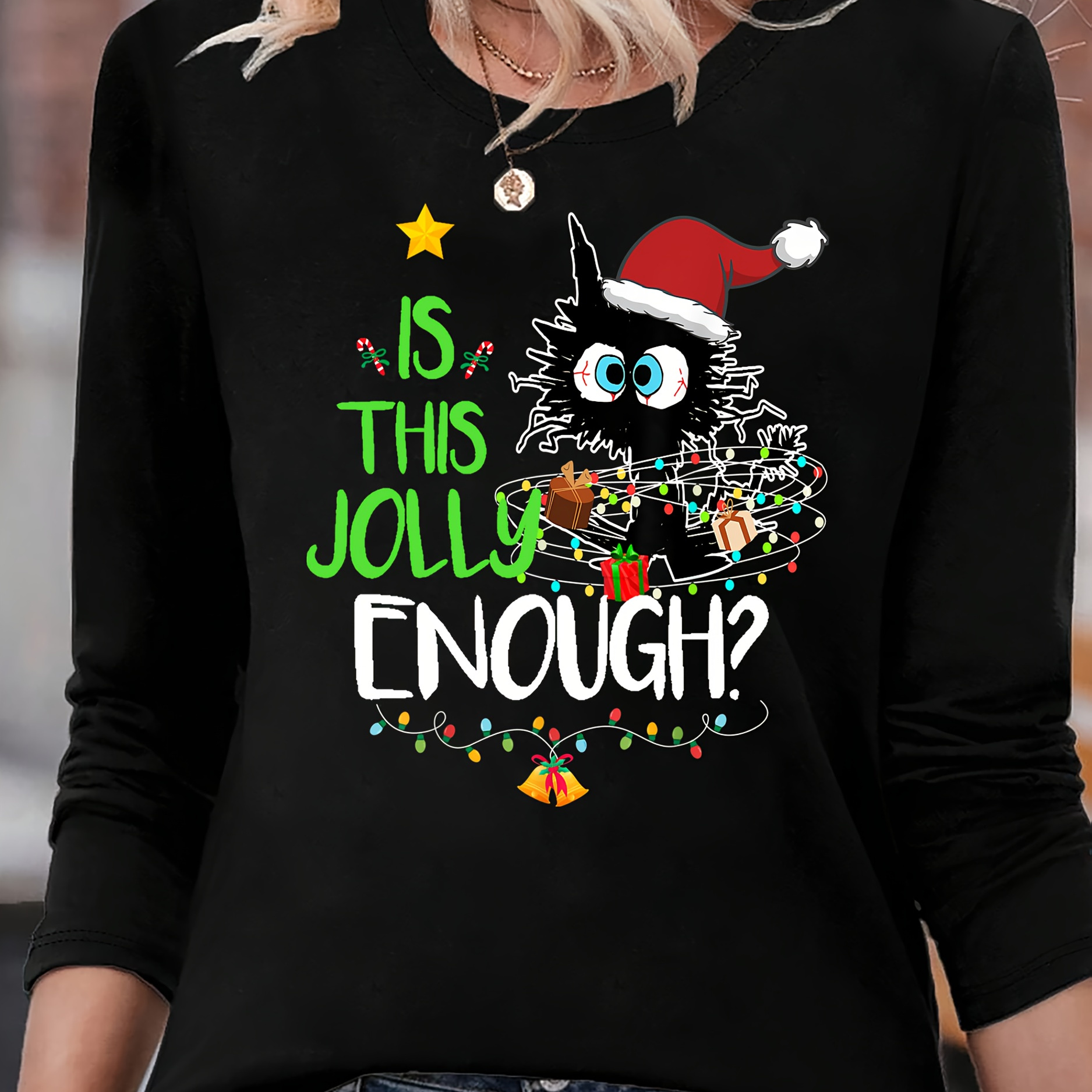 

1pc Women's Christmas Cat Print T-shirt, Long Sleeve Crew Neck Casual Top, Polyester Knit Fabric, Anime Pattern, Regular Length, Comfort