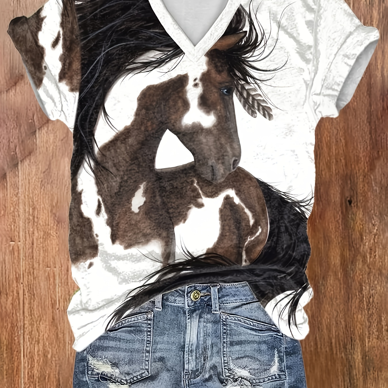 

Horse Print V Neck T-shirt, Casual Short Sleeve T-shirt For Spring & Summer, Women's Clothing