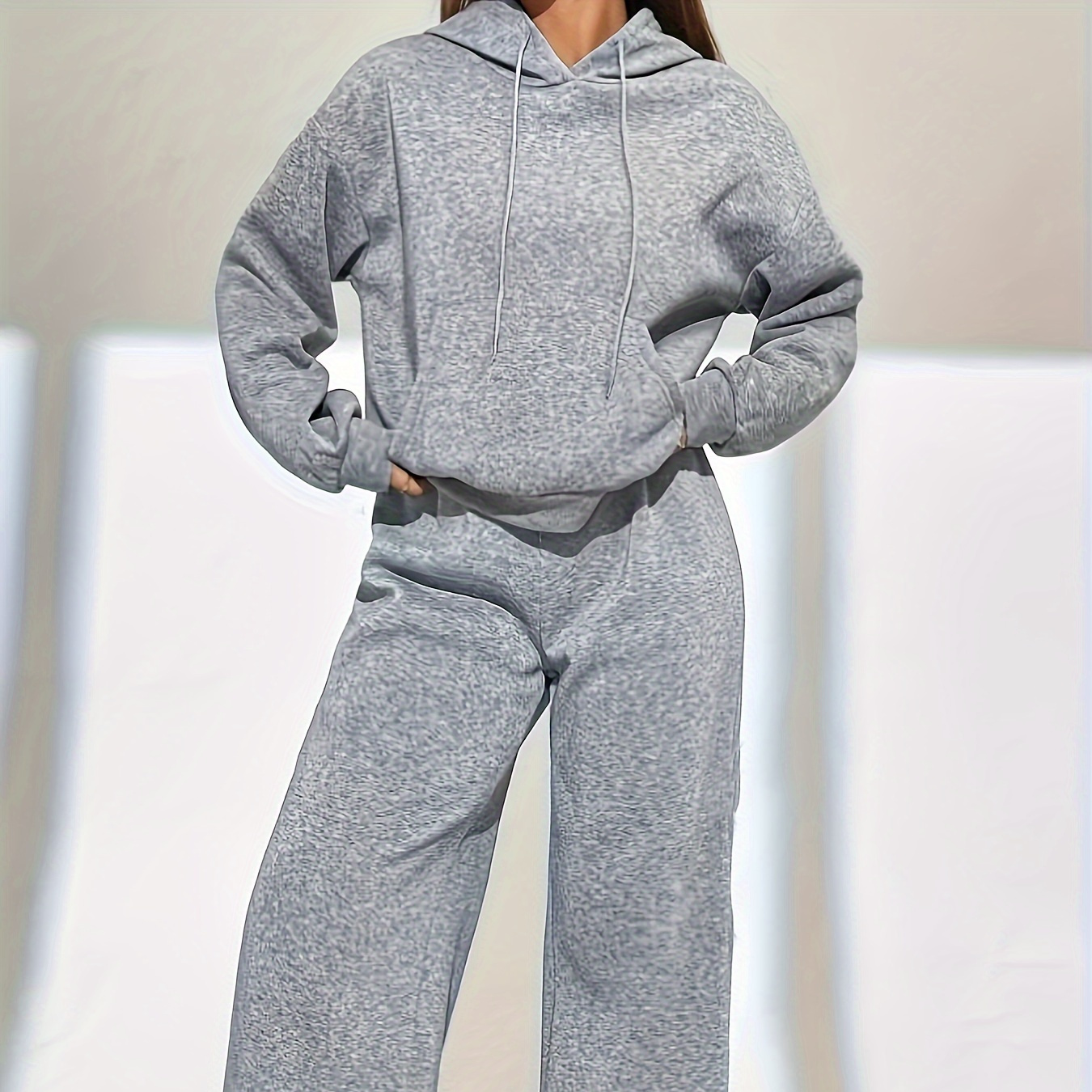 

1set Women's Casual Solid Color Hooded Sweatshirt And Joggers Set, Long Sleeve Pullover With Pockets, Knit Polyester Loungewear