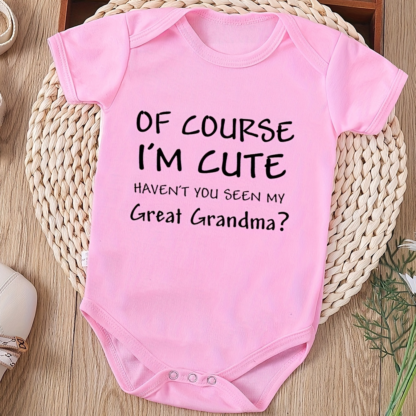 

Of Course I'm Cute Haven't You Seen My Great Grandma " Letter Print Newborn Girls Summer Short-sleeved Baby Triangle Romper Clothing Pattern Infant Triangle Harem Pregnancy Gift