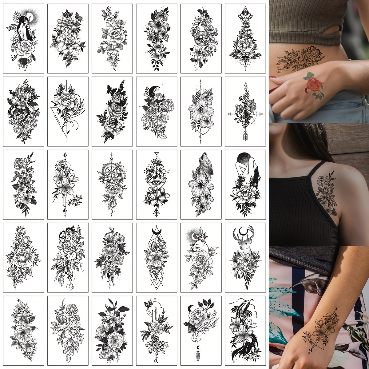 

30pcs Waterproof Black Line Drawing Flowers Temporary Tattoo Stickers For Women And Girls - Lasts 3-7 Days - Perfect For Body, Arm, And Shoulder Art