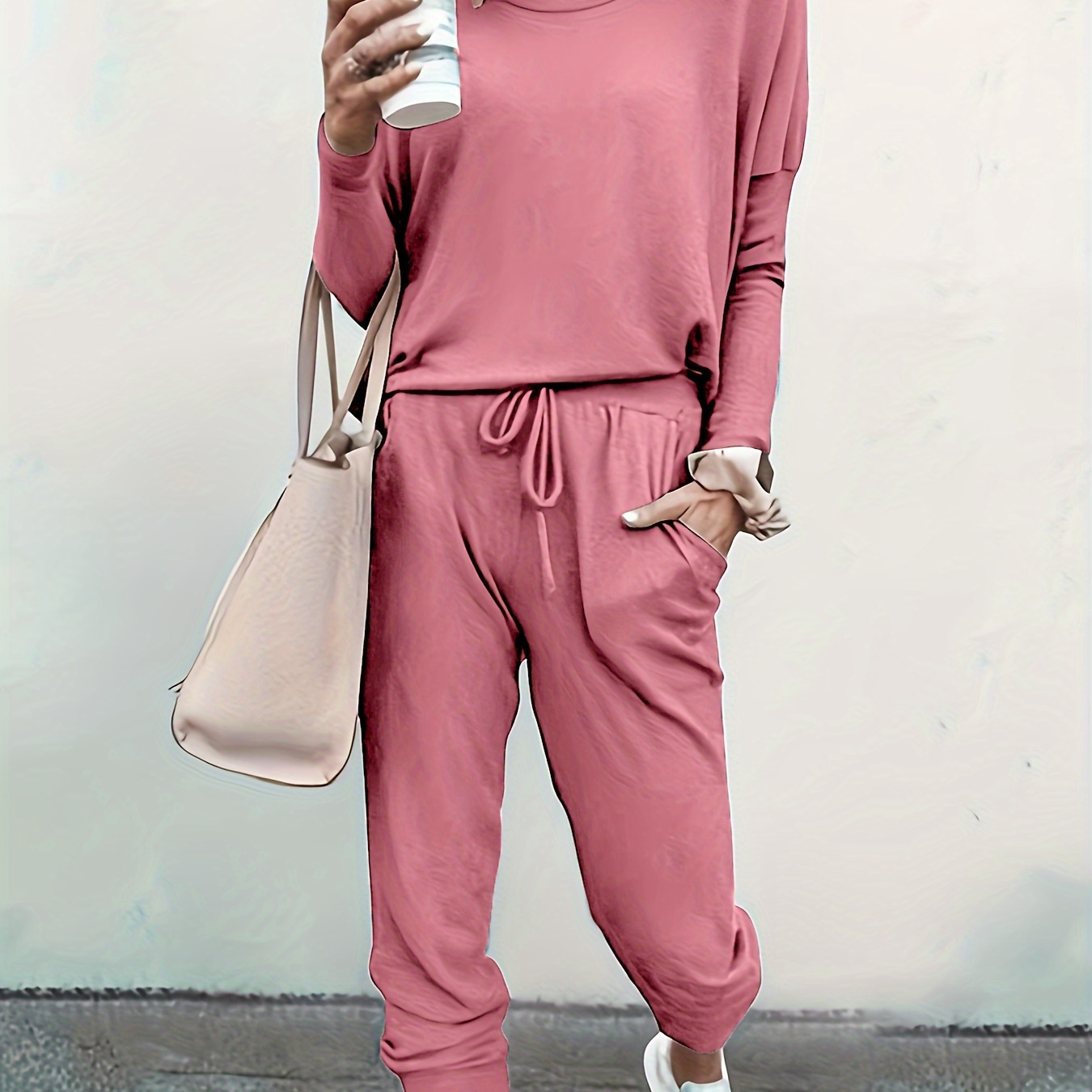 

Casual Solid Two-piece Set, Long Sleeve T-shirt & Drawstring Pants Outfits, Women's Clothing