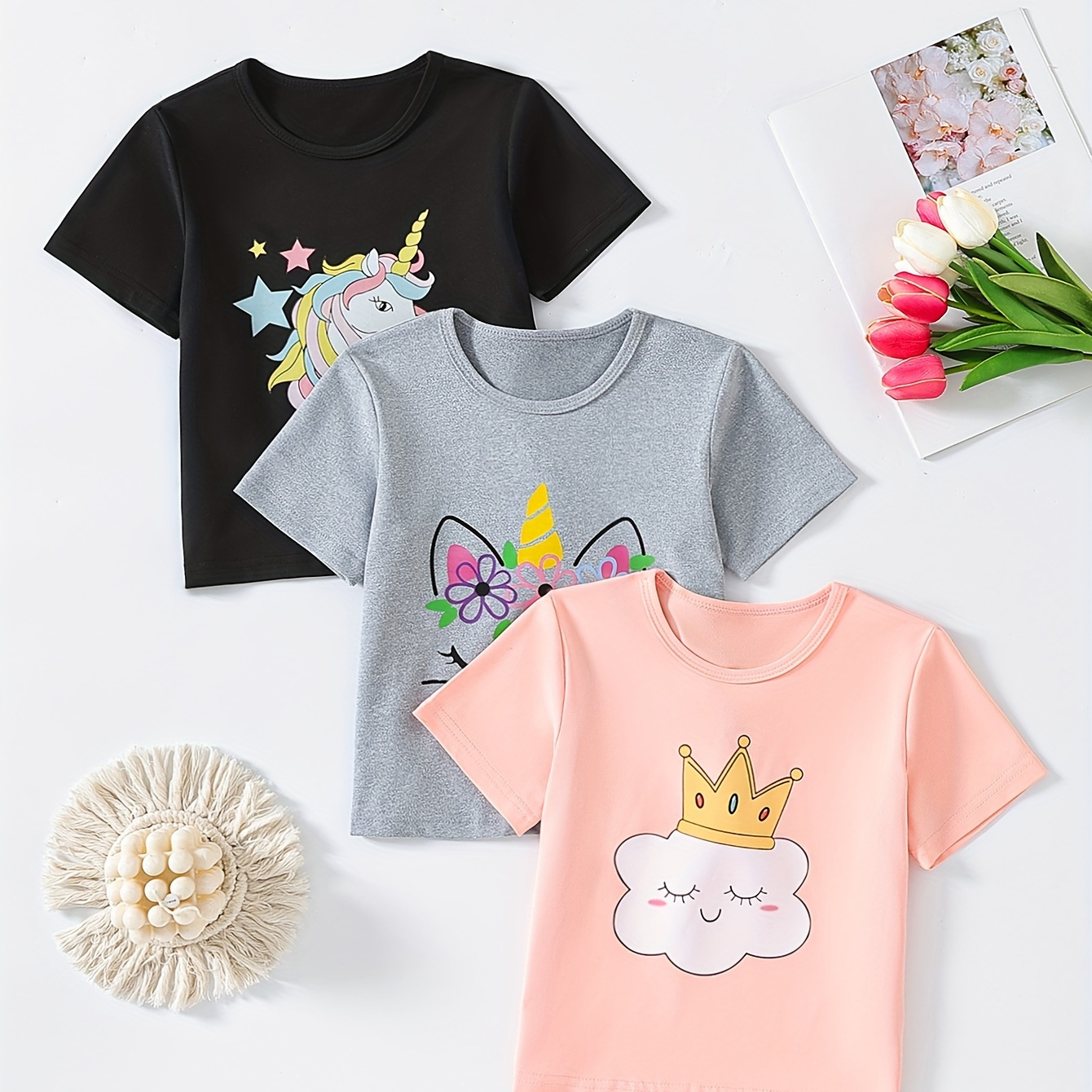 

3pcs Girls Cute Cartoon Graphic Short Sleeve T-shirt Set For Summer Gift Outdoor