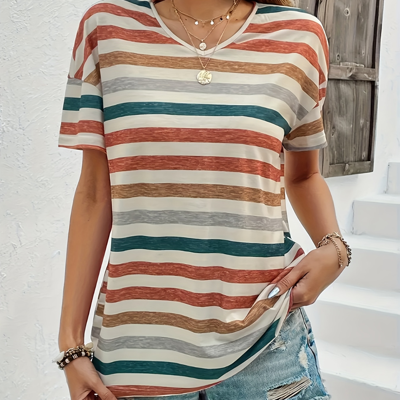 

Colorful Striped V Neck T-shirt, Elegant Short Sleeve Top For Spring & Summer, Women's Clothing