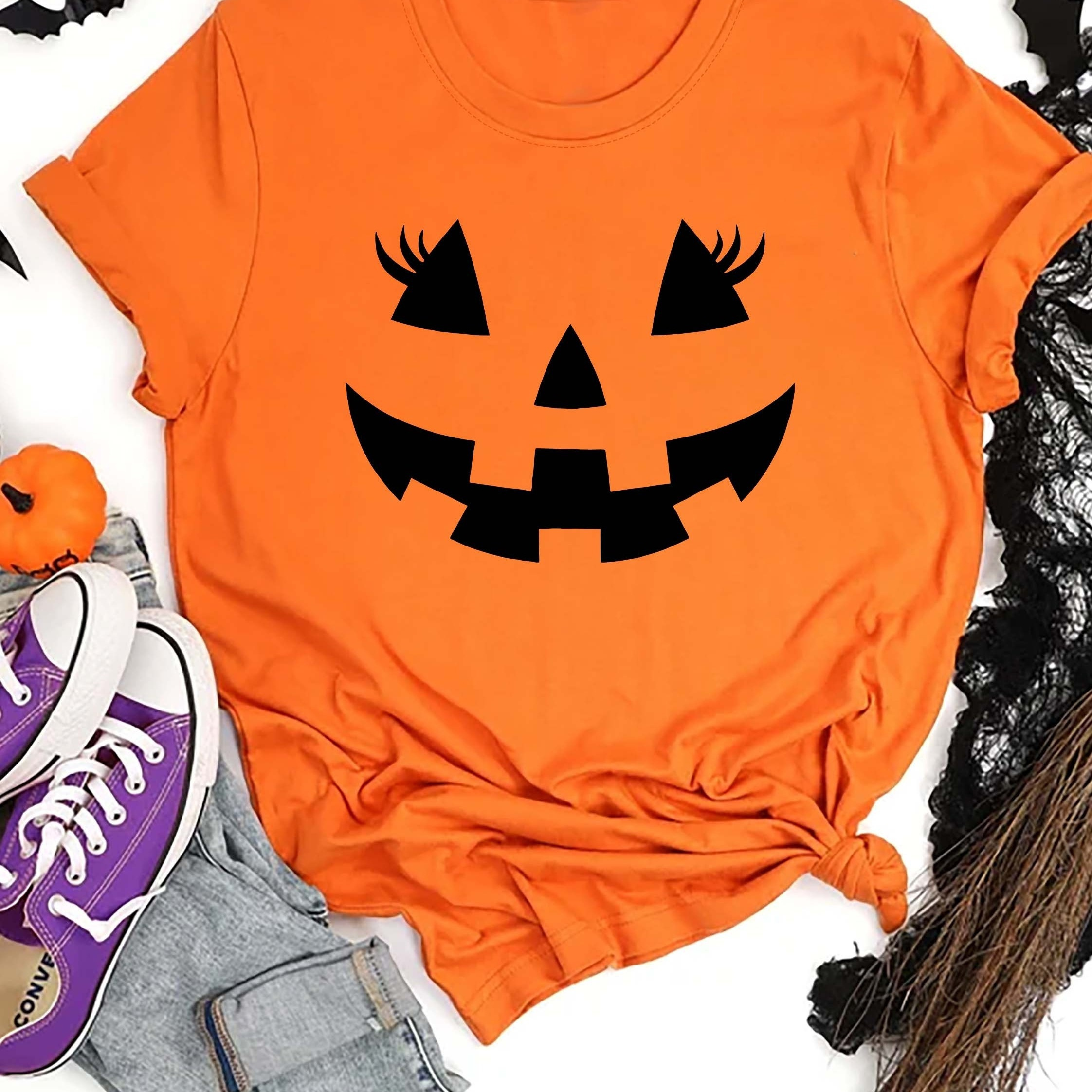 

Women's Pumpkin Graphic Tee - Casual Short Sleeve Crew Neck Top, Breathable Polyester, Machine Washable