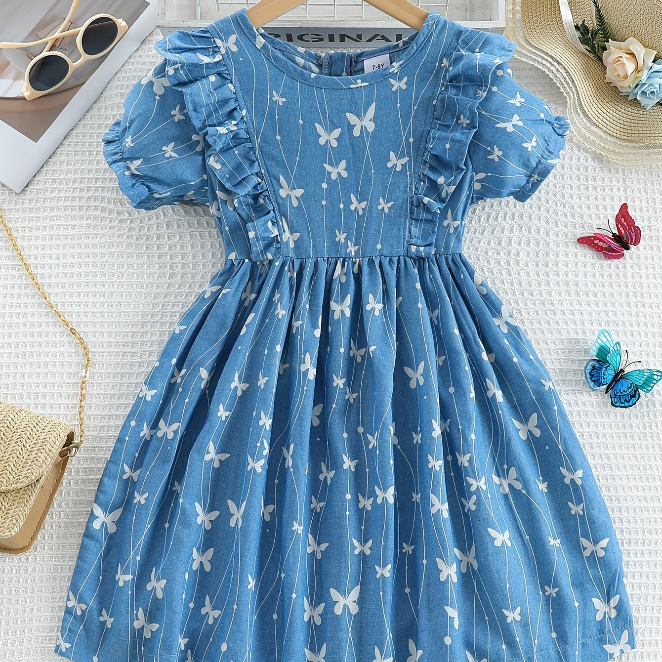 

Girls' Cotton Butterfly Print Denim Dress, Sleeves, Elegant Ladylike Style, Blue Summer Dress For Kids