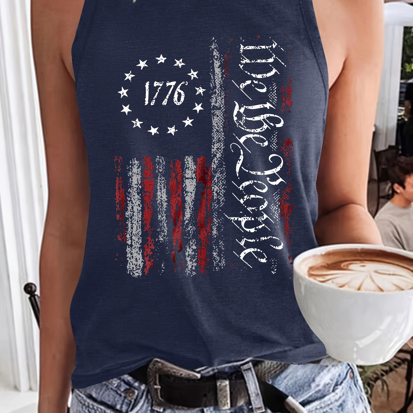 

Letter & Flag Print Crew Neck Tank Top, Casual Sleeveless Tank Top For Summer, Women's Clothing