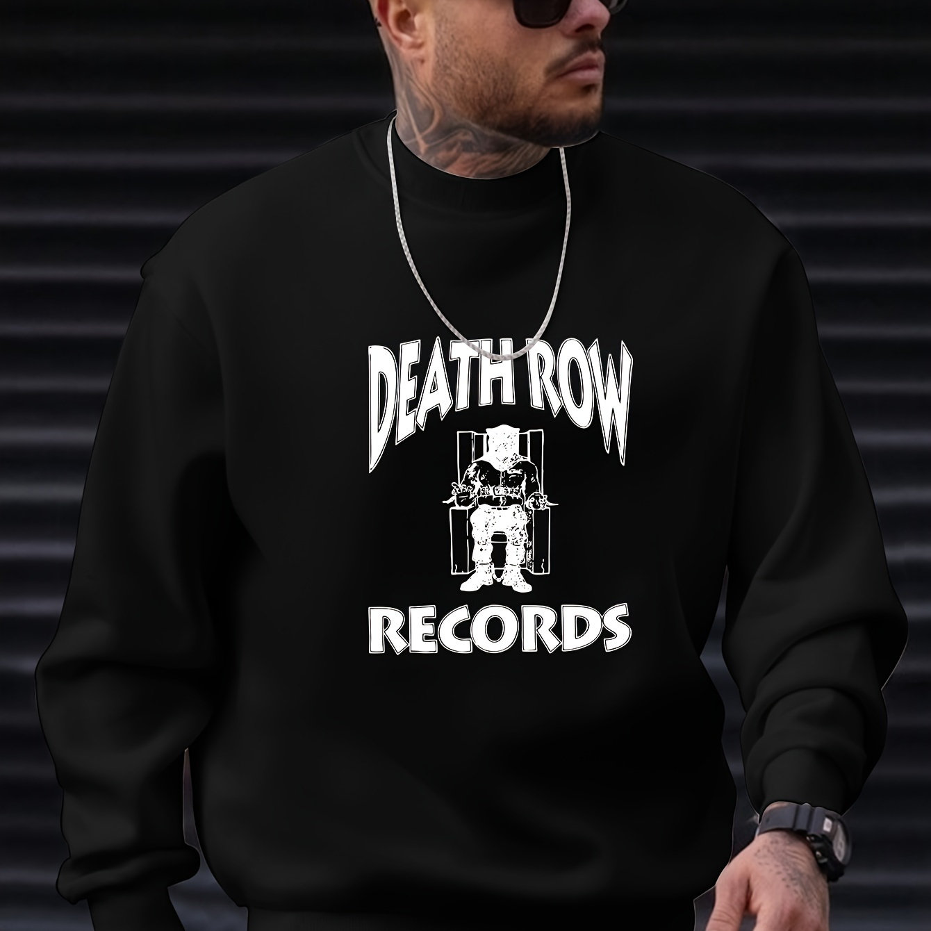 

Death Row Records Graphic Print Men's Long Sleeve Crew Neck Sweatshirt, Trendy Pullover Sweatshirt, Casual Comfortable Versatile Top For Spring & Autumn, Outdoor Sports