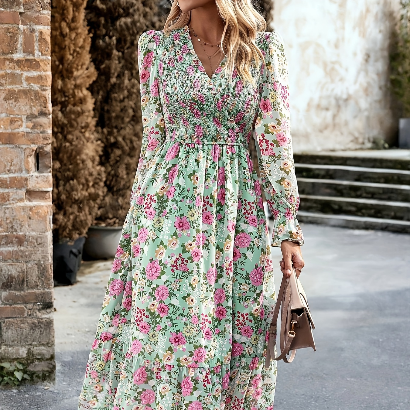 

Floral Print Shirred Surplice Neck Dress, Elegant Long Sleeve Dress For Spring & Fall, Women's Clothing