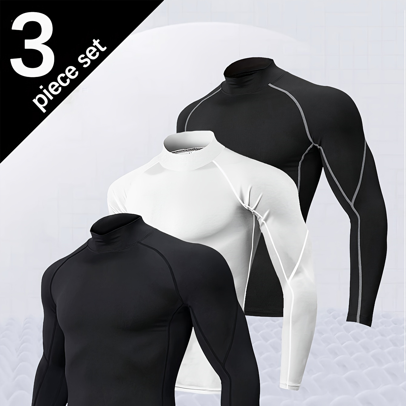 

3pcs Men's Long Sleeve Tops Set, High Neck, Quick Dry Breathable Polyester 92% Spandex 8% Knit Fabric, For Sports, Yoga, Running, Cycling, Outdoor Activities - Solid Color,