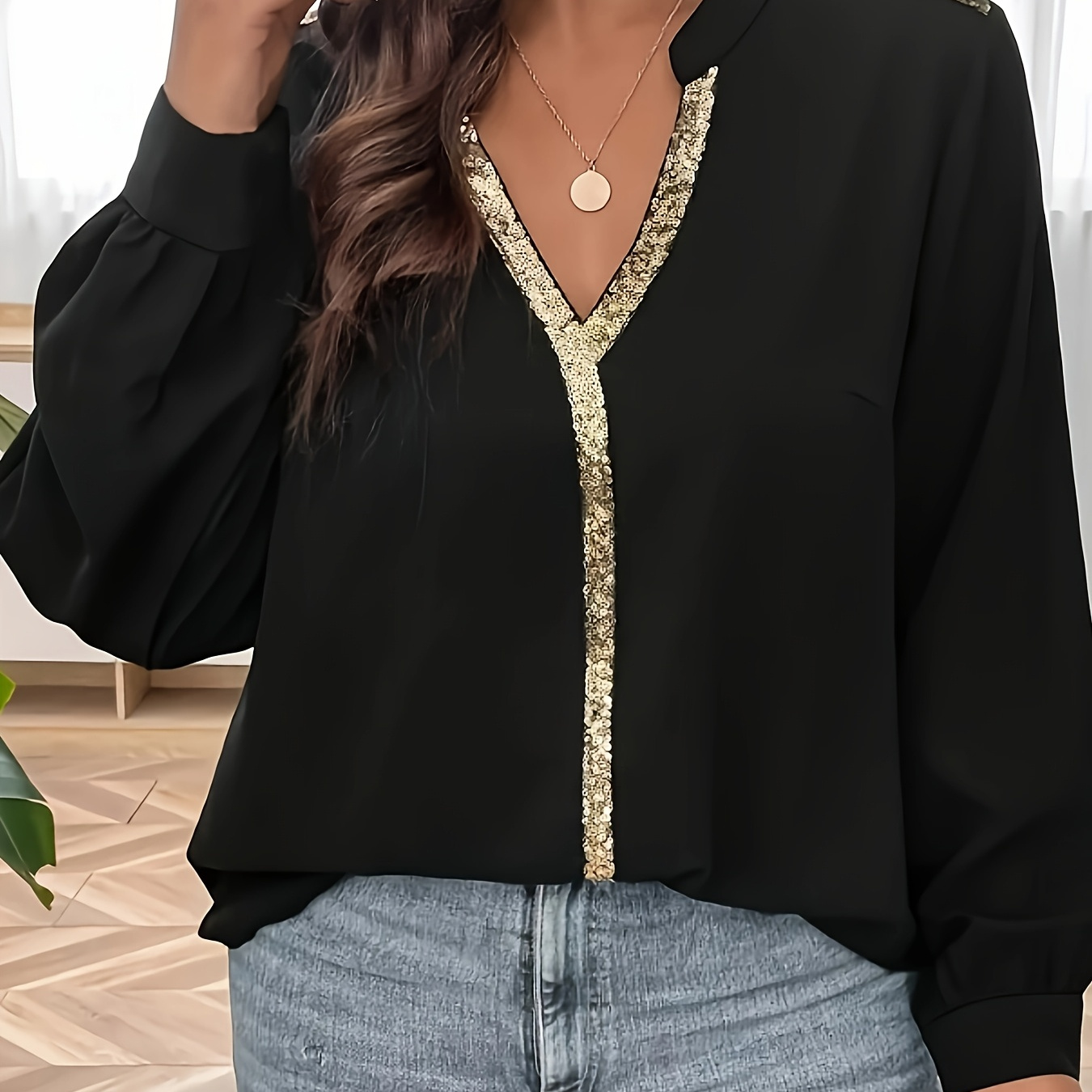 

1pc Size Long Sleeve V-neck Blouse For Women, Spring/fall Fashion, 100% Polyester Non-stretch Woven Fabric With Sequin Detail, Solid Color Casual Top