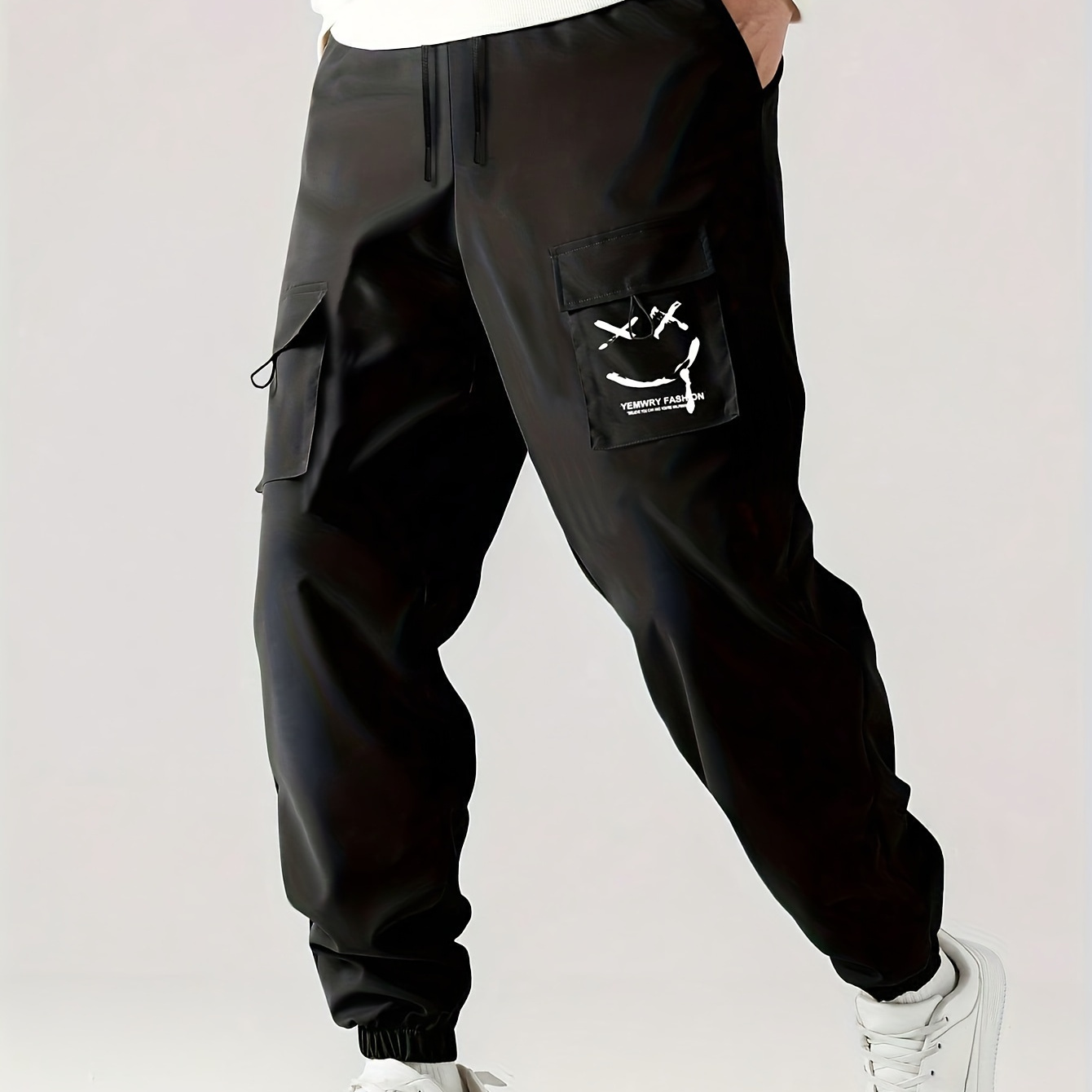 

Boys Pants, Smiling Face Graphic Printing Cargo Pants With Pockets, Casual Solid Color Non-stretch, Suitable For All Seasons