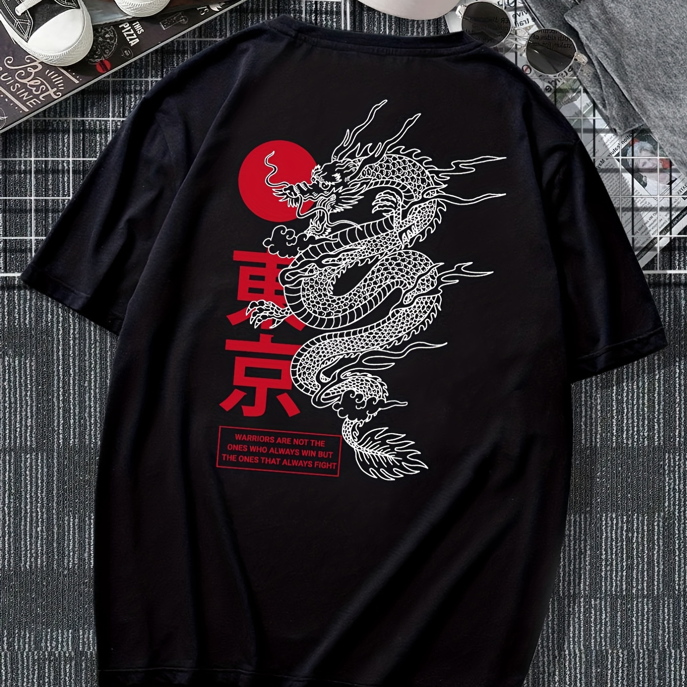 

Men's Casual Trendy Loose Dragon Print Tees, Short Sleeve Crew Neck T-shirt For Summer Holiday