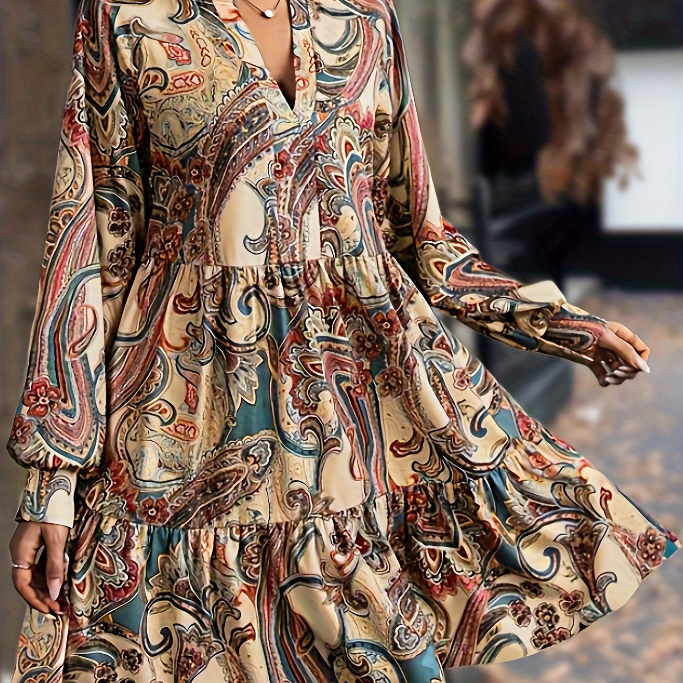 

Paisley Print Ruffle Hem Dress, Elegant Notched Neck Long Sleeve Ruched Dress, Women's Clothing