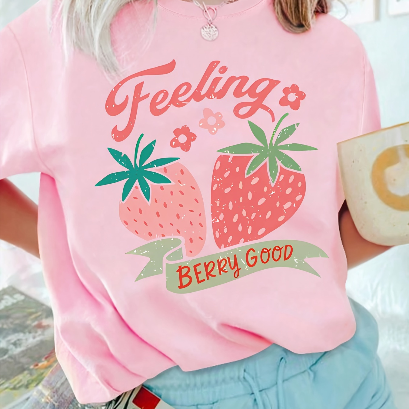 

Feeling " Women' Short Sleeve T-shirt - Casual Pink With Strawberry & , Soft Polyester , Machine Washable, Round Neck