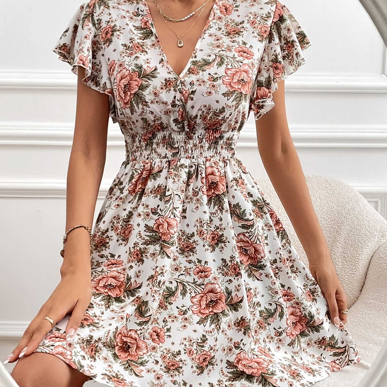 

Floral Print Ruffle Flutter Sleeve Dress, Elegant Shirred Waist V Neck Dress For Spring & Summer, Women's Clothing