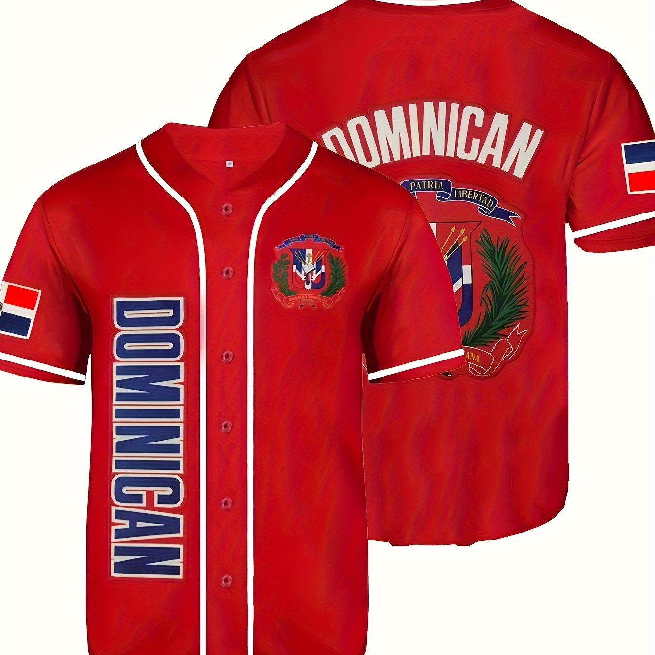 

Men's Retro Dominican Embroidery Design Short Sleeve V-neck Loose Button Up Shirt, Men's Summer Baseball Jersey