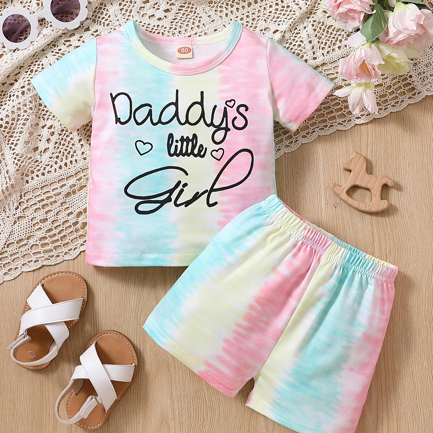 2pcs Toddler Girls Tie Dye T-Shirts Heart And Letter Graphic Round Neck Short Sleeve Tees Top & Elastic Waist Shorts Set Kids Summer Clothes