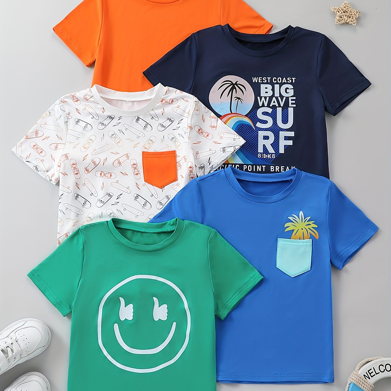 

5pcs Boys Creative T-shirt, Cool, Versatile & Smart Short Sleeve Tee, Gift Idea