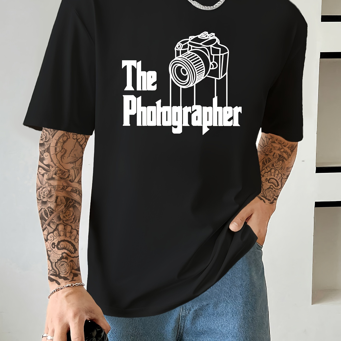 

The Photography Print, Men's Round Crew Neck Short Sleeve, Simple Style Tee Fashion Regular Fit T-shirt, Casual Comfy Breathable Top For Spring Summer Holiday Leisure Vacation Men's Clothing As Gift