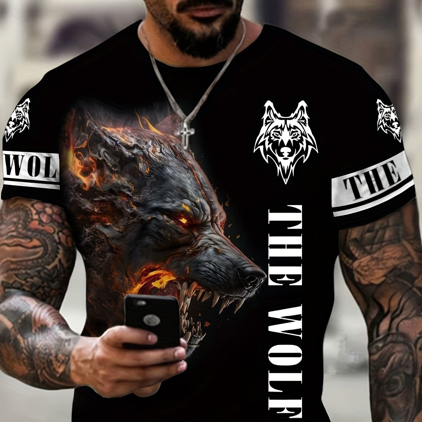 Men's 3D Flaming Wolf Graphic T-shirt, Casual Slightly Stretch Breathable Tee, Men's Clothing For Summer Outdoor