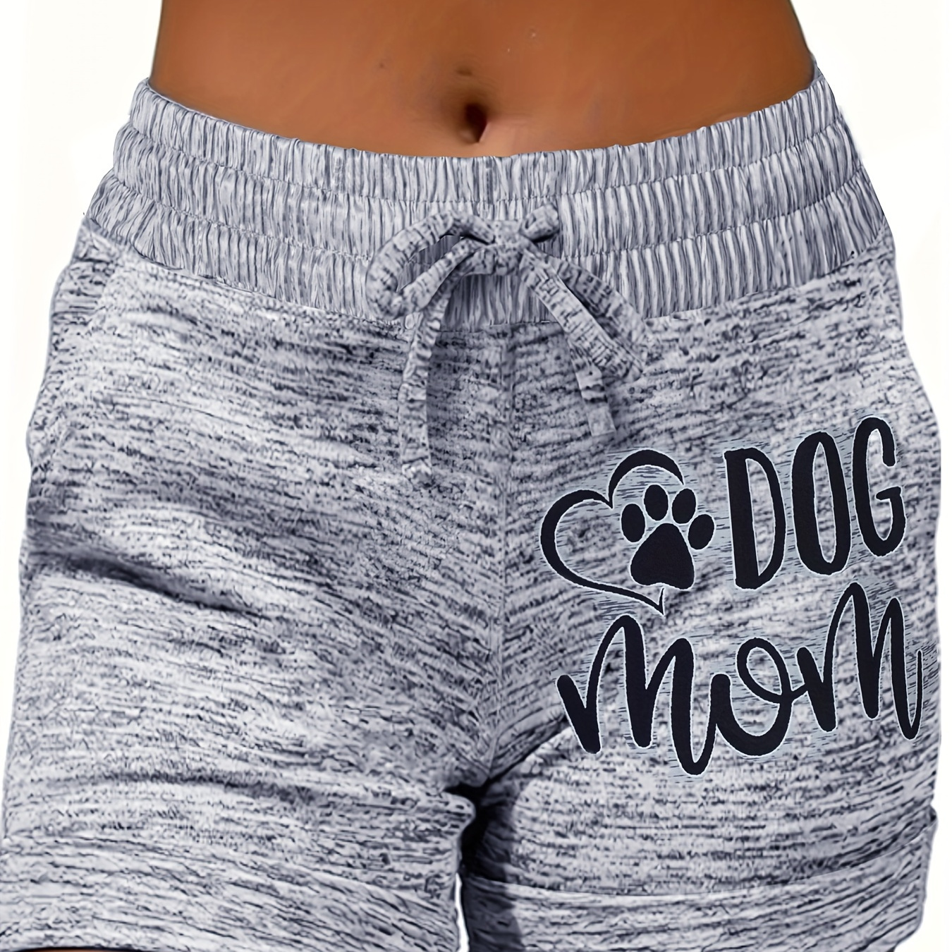 

Women's Plus Size Athletic Shorts, "dog Mom" Printed, Drawstring Waist, Casual Loungewear, Breathable, Grey