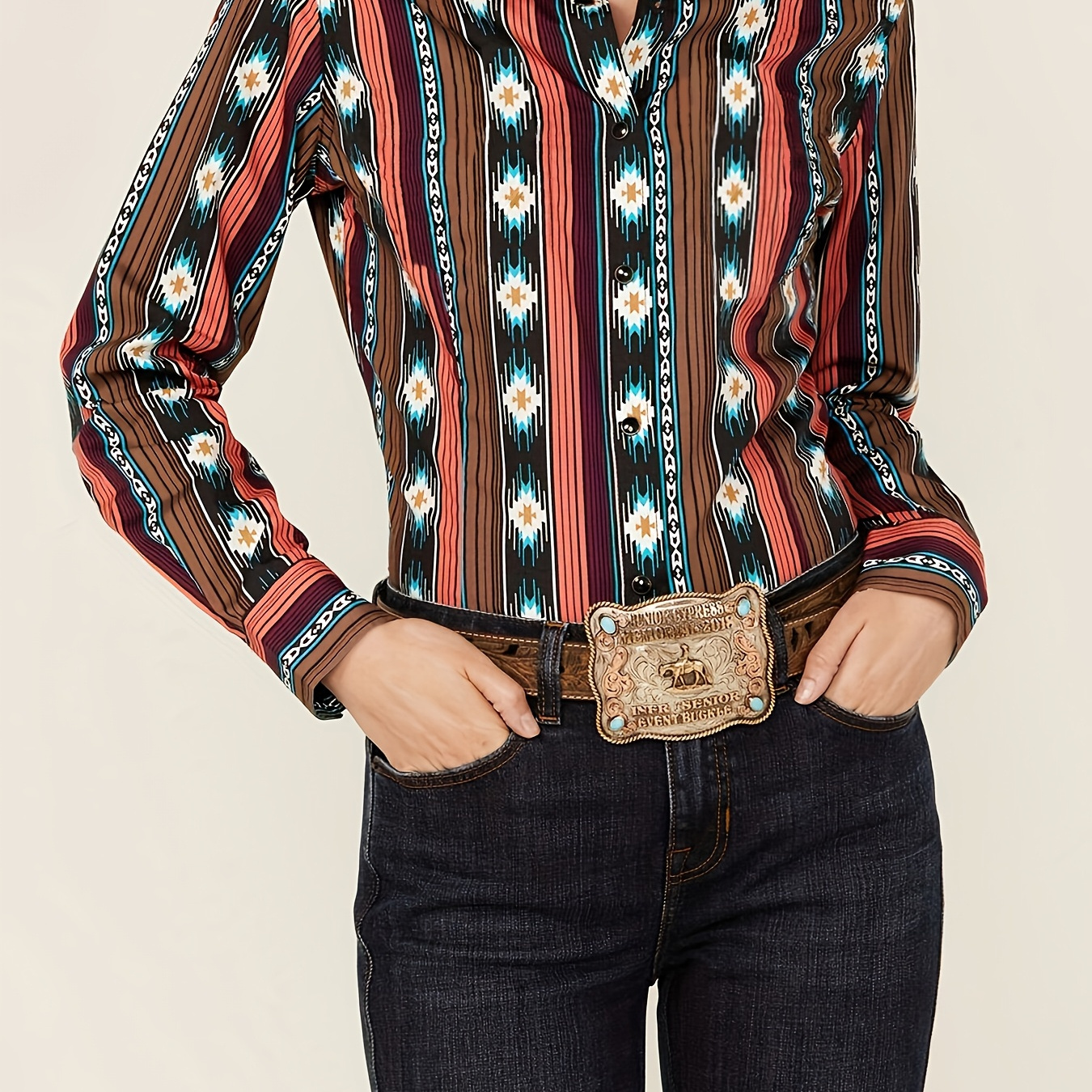 

Vintage Western Style Long Sleeve Striped Southwestern Print Blouse With Button , Woven Polyester Fabric, Ideal For Spring/fall - Adult Women's Shirting