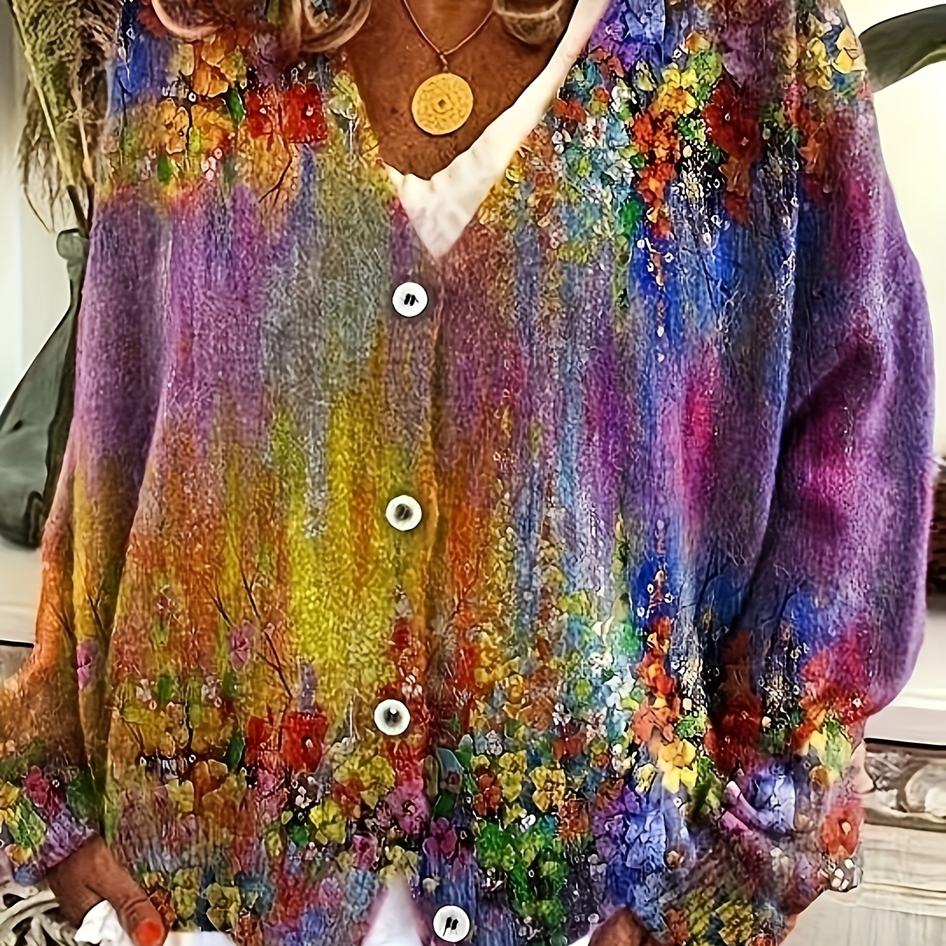 

3d Floral Print Cardigan - Casual Long Sleeve Knit Sweater With Button Front, Vibrant Rainbow Effect, Polyester, Hand Washable - Women' For All