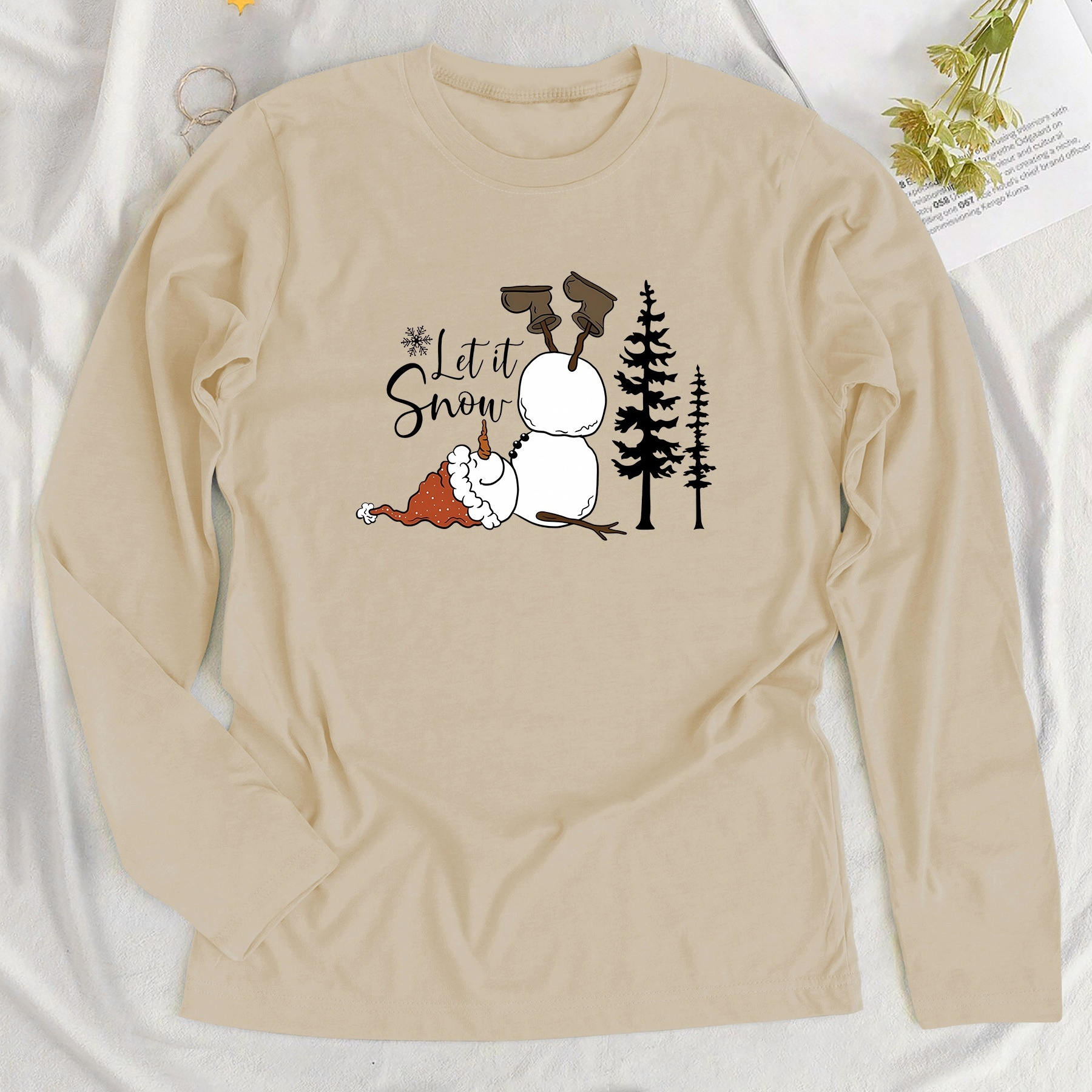 

Plus Size Christmas T-shirt For Women - 100% Polyester Crew Neck Long Sleeve With Upside Down Snowman Print - Medium Stretch Knit Top For All