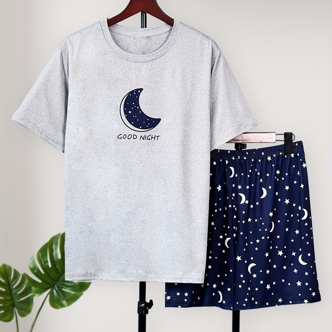 

Men's Trendy Casual Moon Pattern Comfy Tees & Shorts, Creative Graphic Print Crew Neck Short Sleeve T-shirt & Loose Shorts Home Pajamas Sets, Casual Sets For Summer