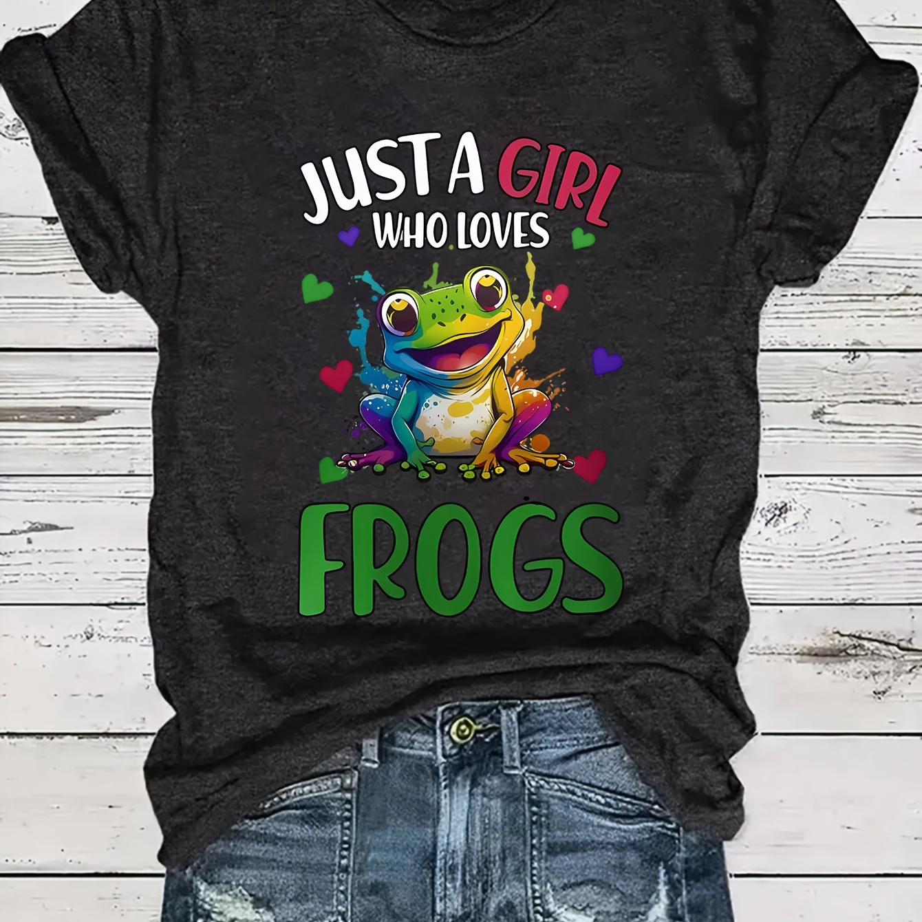 

Cartoon Frog Neck T-shirt, Casual Short Sleeve Top For , Women's Clothing