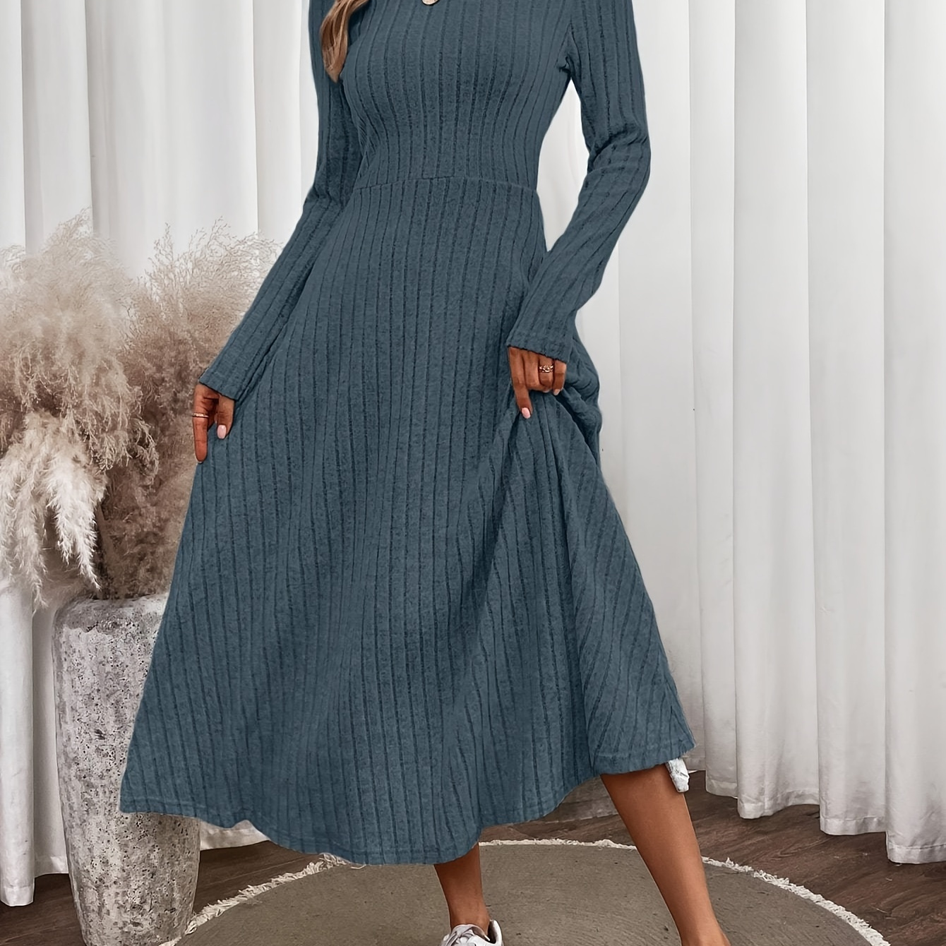 

Elegant Ribbed Knit A-line Midi Dress For Women With Stand Collar, Polyester (95% Polyester, 5% Spandex), Solid Color, Long Sleeve - Fall/winter Collection