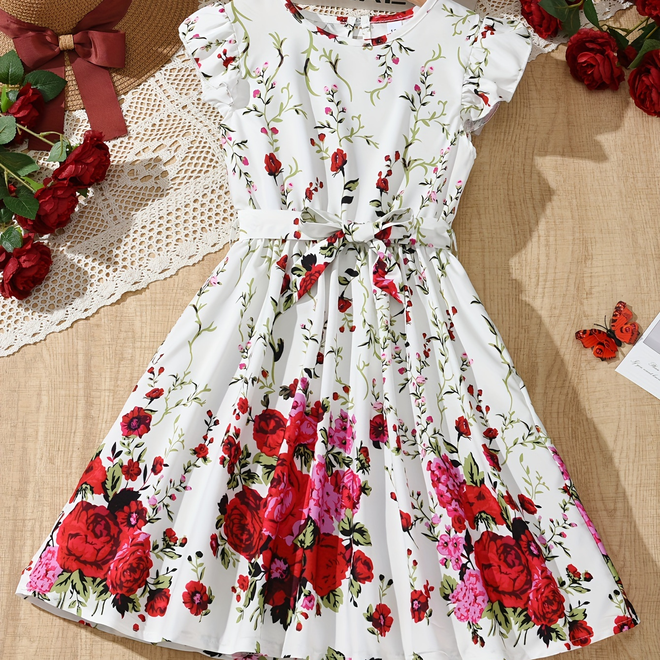 

Sweet Girls Flora Graphic Ruffle Trim Sleeveless Dress Summer Party Gift