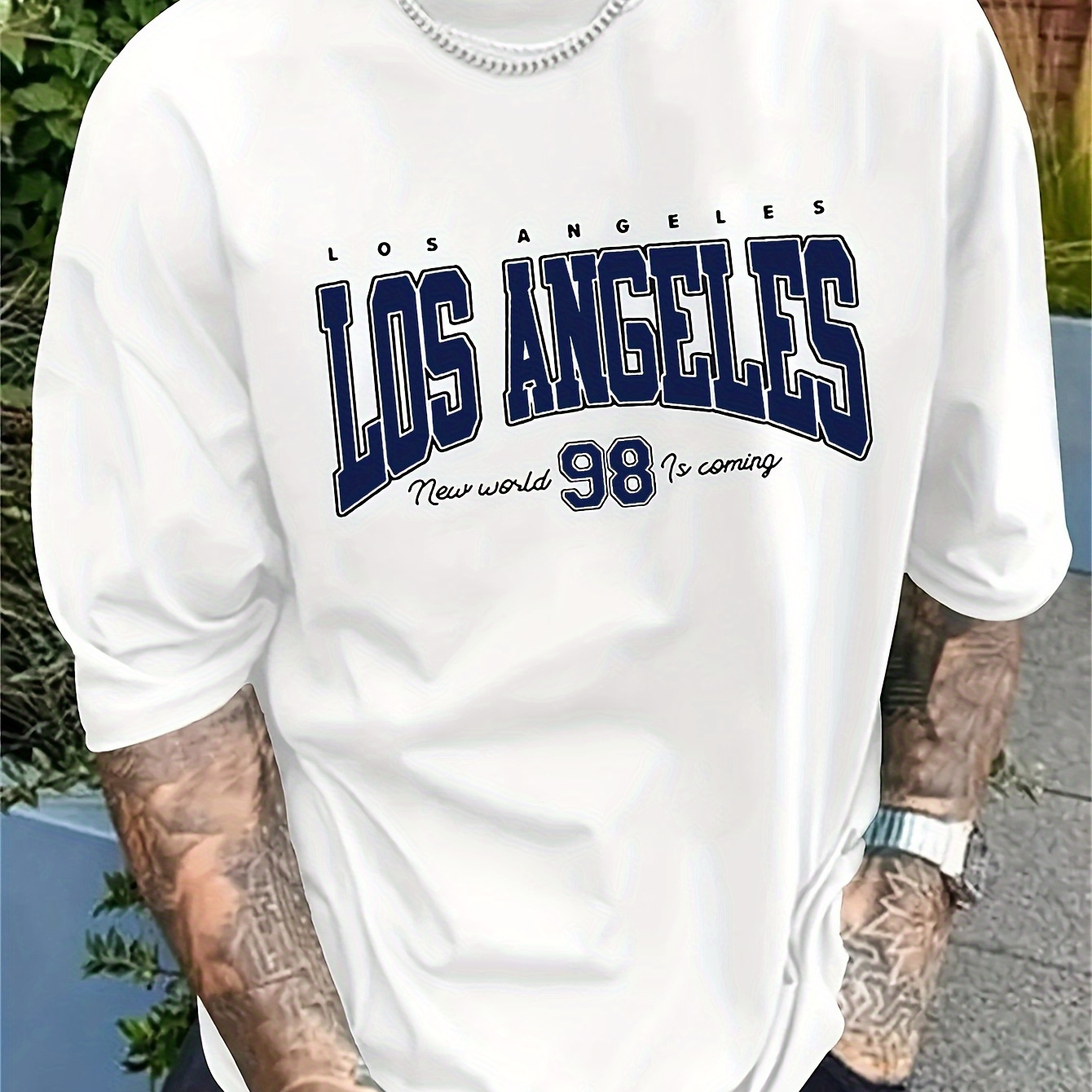 

1pc Men's Casual Los Angeles Print T-shirt, Polyester Crew Neck Short Sleeve Tee With Slight Stretch, Knit Fabric For Adults