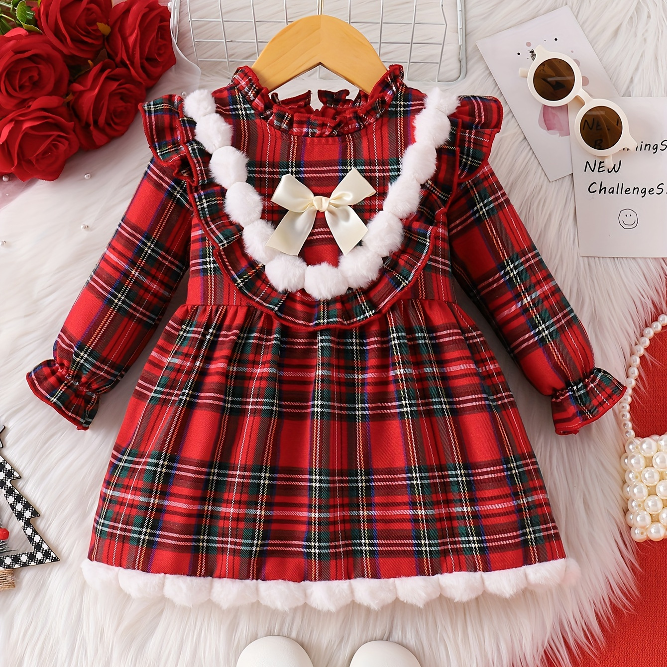 

Adorable Girls' Christmas Long Sleeve Dress With Pom-pom Detail - Cozy Polyester, Machine Washable - Fall/winter