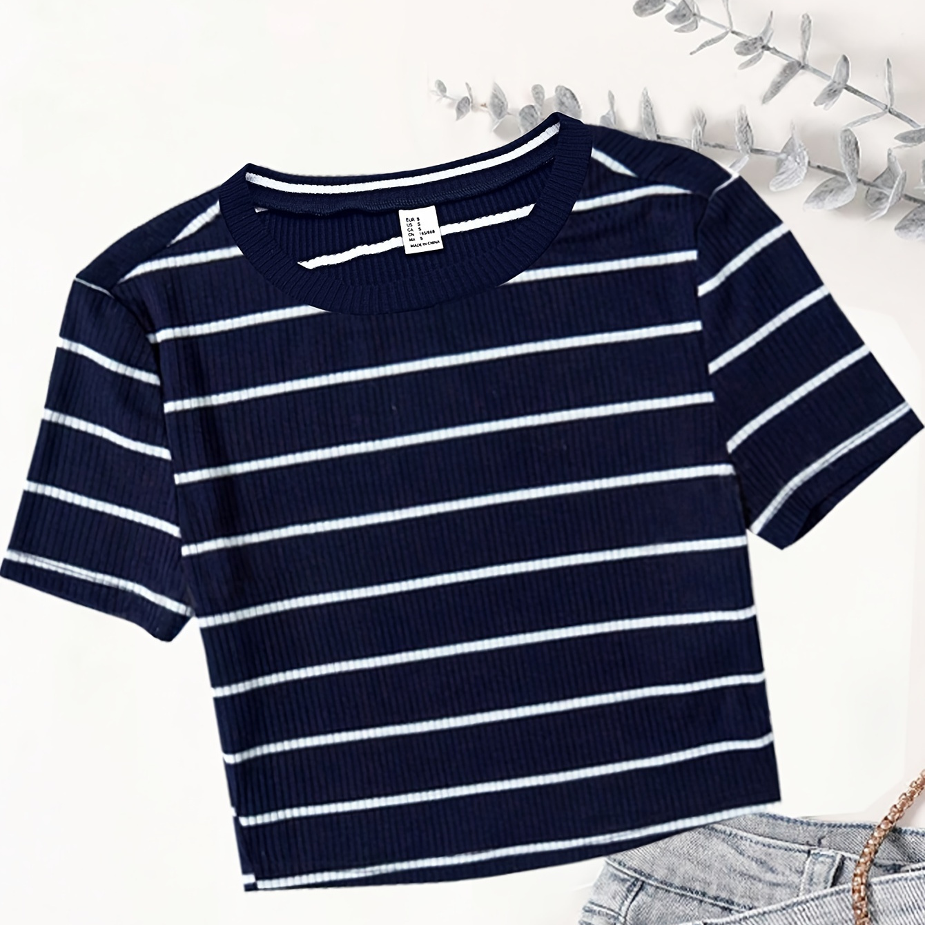 

Striped Print Crew Neck T-shirt, Casual Short Sleeve Crop T-shirt For Spring & Summer, Women's Clothing